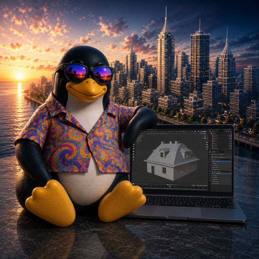 Illustration eines Linux-Pinguins vor einer Stadtansicht mit einem Laptop und einer Blender-Oberfläche